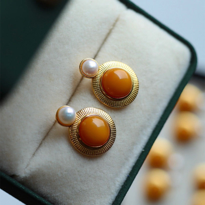 Sheehas Natural Amber Inlaid with Pearls Sterling Silver 18K Gold Plated Feng Shui Fortune-Praying Stud Earrings