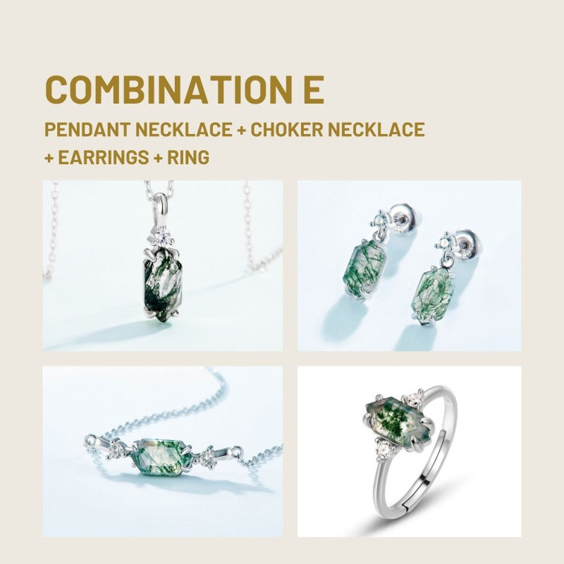 Moss Agate Sterling Silver Hexagon Prong-setting Retro Jewelry Set ( 6 Combinations Available)