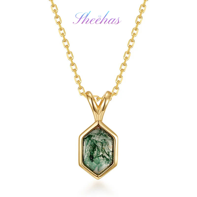Moss Agate Sterling Silver Pendant with Luxury 10K Gold-Plated Edge