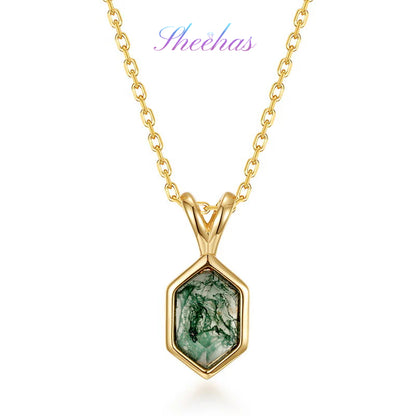 Moss Agate Sterling Silver Pendant with Luxury 10K Gold-Plated Edge