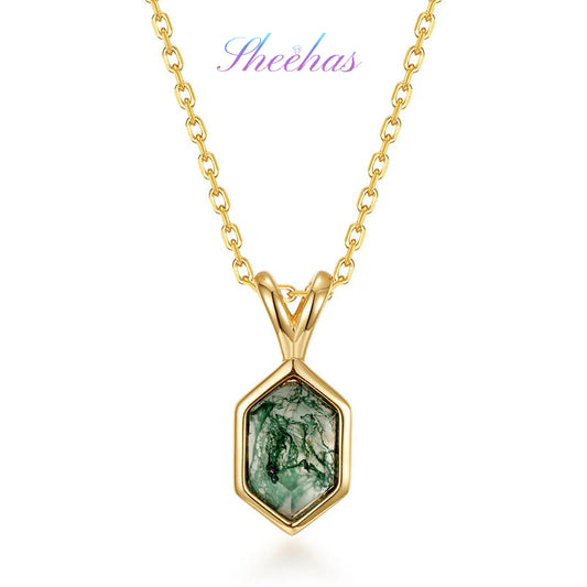 Moss Agate Sterling Silver Pendant with Luxury 10K Gold-Plated Edge