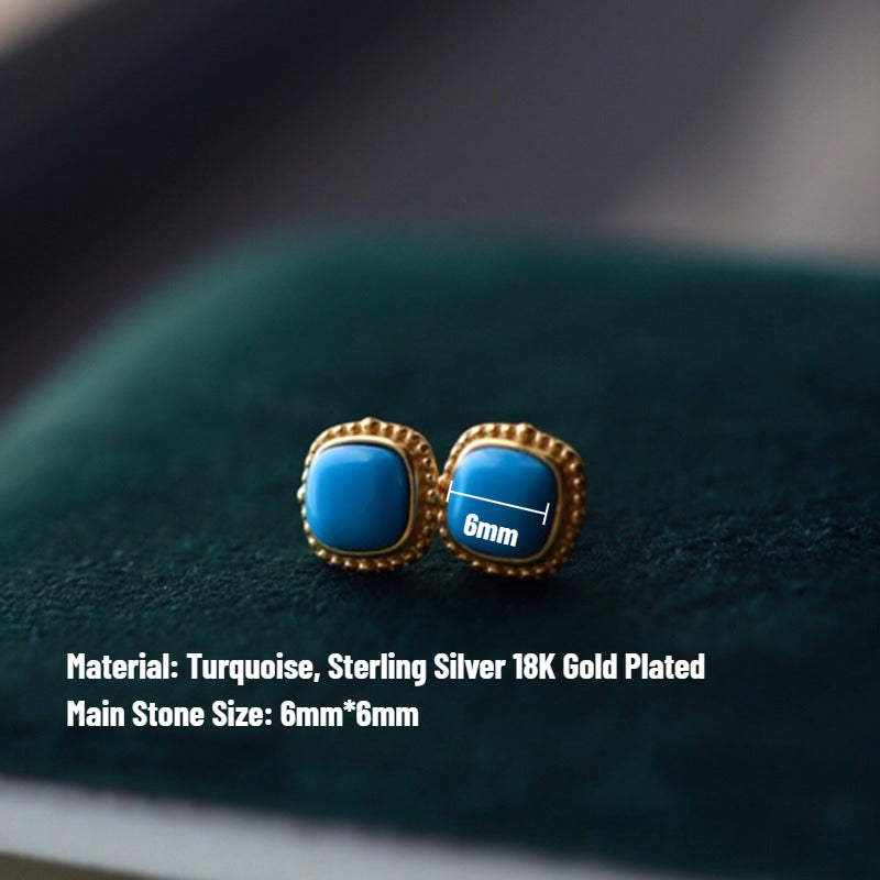 Sheehas Feng Shui Natural Turquoise Sterling Silver 18K Gold Plated Small Square Stud Earrings