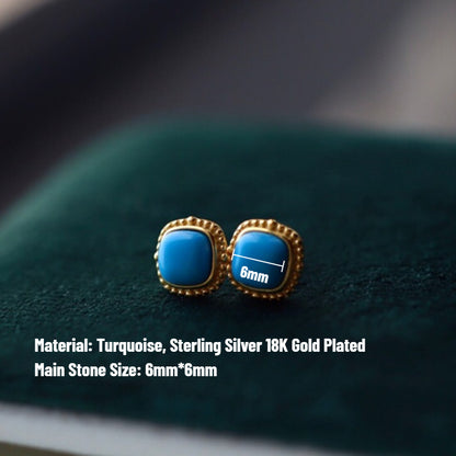 Sheehas Feng Shui Natural Turquoise Sterling Silver 18K Gold Plated Small Square Stud Earrings
