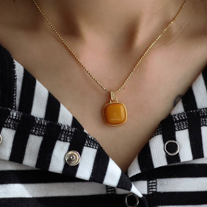 Sheehas Feng Shui Natural Amber Sterling Silver 18K Gold Plated Energy Healing Square Pendant