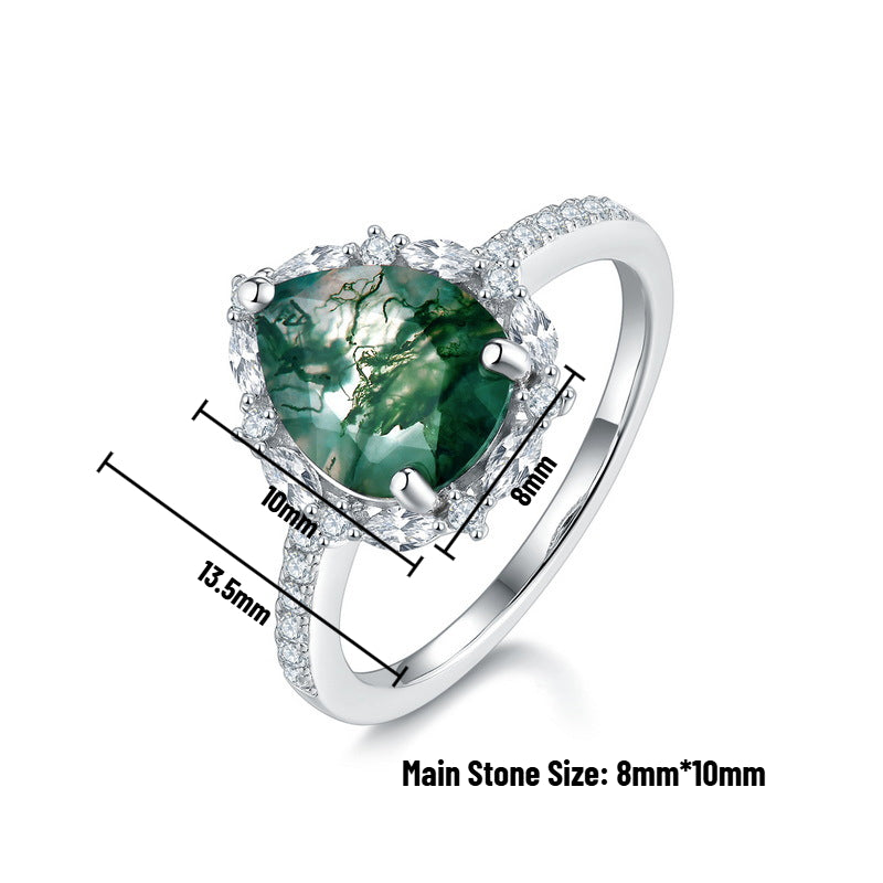 Moss Agate Sterling Silver Tearrop-shaped Diamond-encrusted Ring