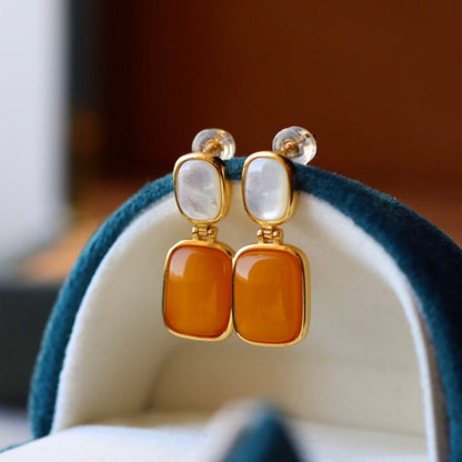 Sheehas Feng Shui Natural Amber & White Nacre Sterling Silver 18K Gold Plated Vintage Square Dangel Earrings