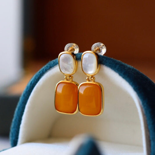 Sheehas Feng Shui Natural Amber & White Nacre Sterling Silver 18K Gold Plated Vintage Square Dangel Earrings