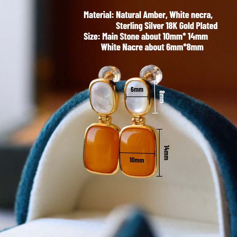 Sheehas Feng Shui Natural Amber & White Nacre Sterling Silver 18K Gold Plated Vintage Square Dangel Earrings