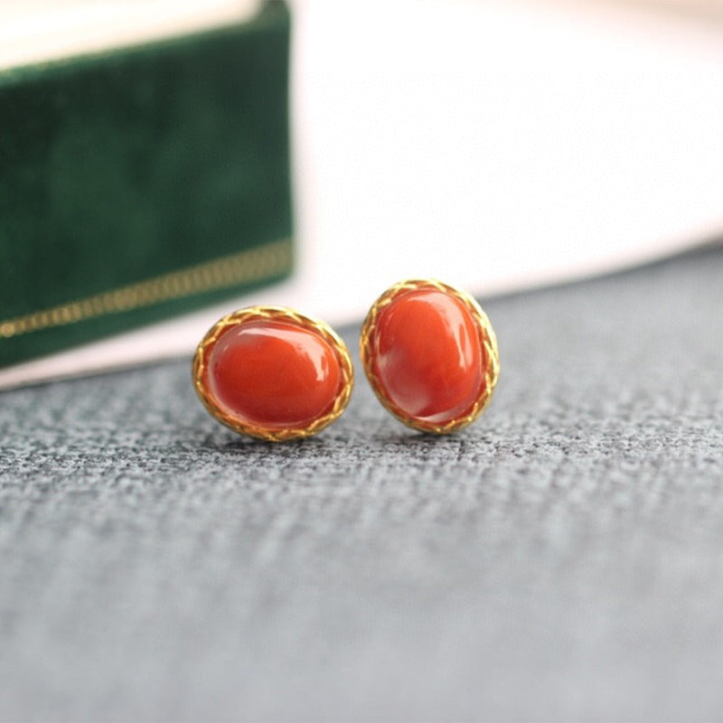 Natural Red Agate Sterling Silver Gold-Plated Wealth Attractive Studs | Unlock Your Luck Now