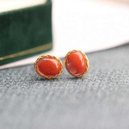 Natural Red Agate Sterling Silver Gold-Plated Wealth Attractive Studs | Unlock Your Luck Now