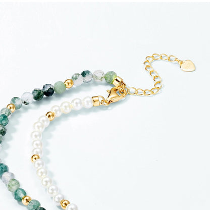 Moss Agate Faceted Beads & White Nacre 10K Gold-Plated Sterling Silver Necklace