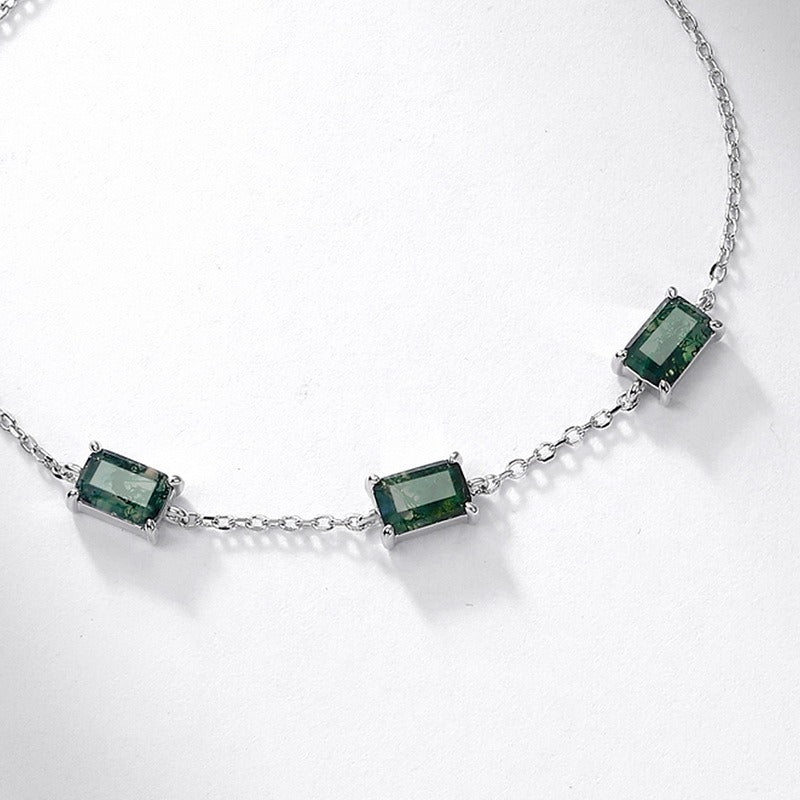 Moss Agate Emerald-Cut Sterling Silver Minimalism Adjustable Bracelet