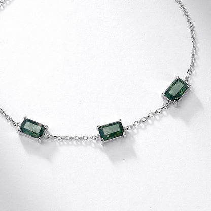 Moss Agate Emerald-Cut Sterling Silver Minimalism Adjustable Bracelet