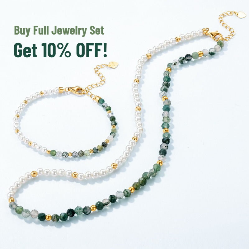 Moss Agate Faceted Beads & White Nacre 10K Gold-Plated Sterling Silver Necklace