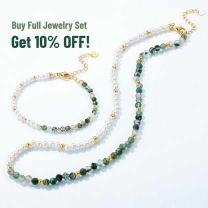 Moss Agate Faceted Beads & White Nacre 10K Gold-Plated Sterling Silver Necklace