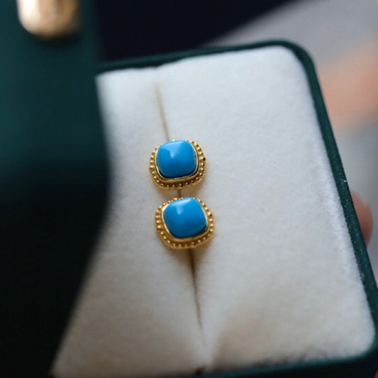Sheehas Feng Shui Natural Turquoise Sterling Silver 18K Gold Plated Small Square Stud Earrings