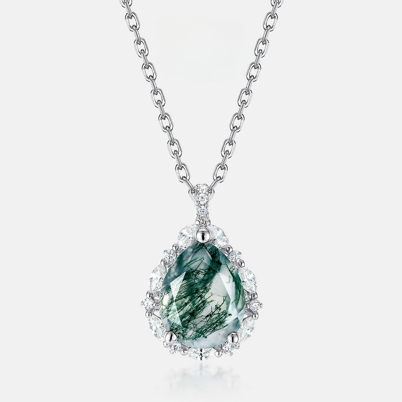 Moss Agate Sterling Silver Teardrop-shaped Diamond-encrusted Necklace