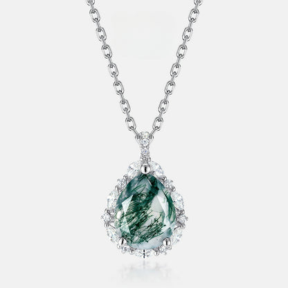 Moss Agate Sterling Silver Teardrop-shaped Diamond-encrusted Necklace
