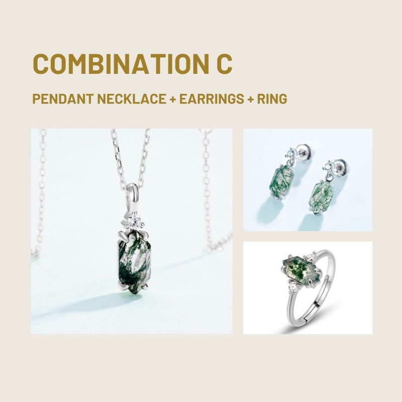 Moss Agate Sterling Silver Hexagon Prong-setting Retro Jewelry Set ( 6 Combinations Available)