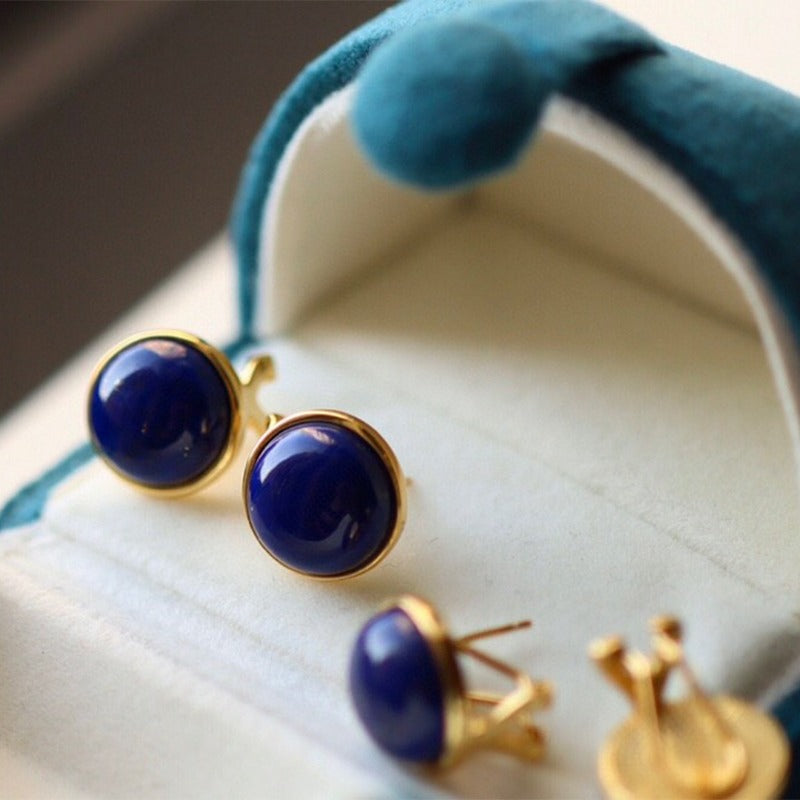 Sheehas Feng Shui Natural Lapis Lazuli Sterling Silver 18K Gold Plated Round Clip-on Earrings: Fortune Enhancement