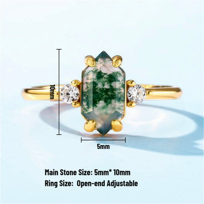 Bague ouverte ajustable en argent sterling et agate mousse, sertie de griffes hexagonales, style rétro (plaqué platine/or)