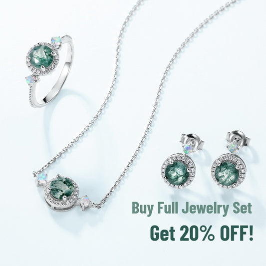 Luxurious Moss Agate Sterling Silver Round-cut and Diamond-surrounding Jewelry Set