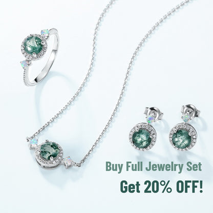 Luxurious Moss Agate Sterling Silver Round-cut and Diamond-surrounded Choker Necklace