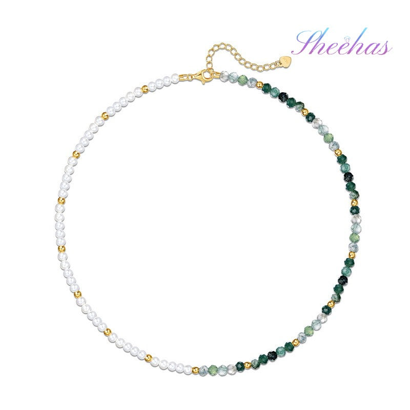 Moss Agate Faceted Beads & White Nacre 10K Gold-Plated Sterling Silver Necklace