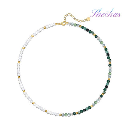 Moss Agate Faceted Beads & White Nacre 10K Gold-Plated Sterling Silver Necklace