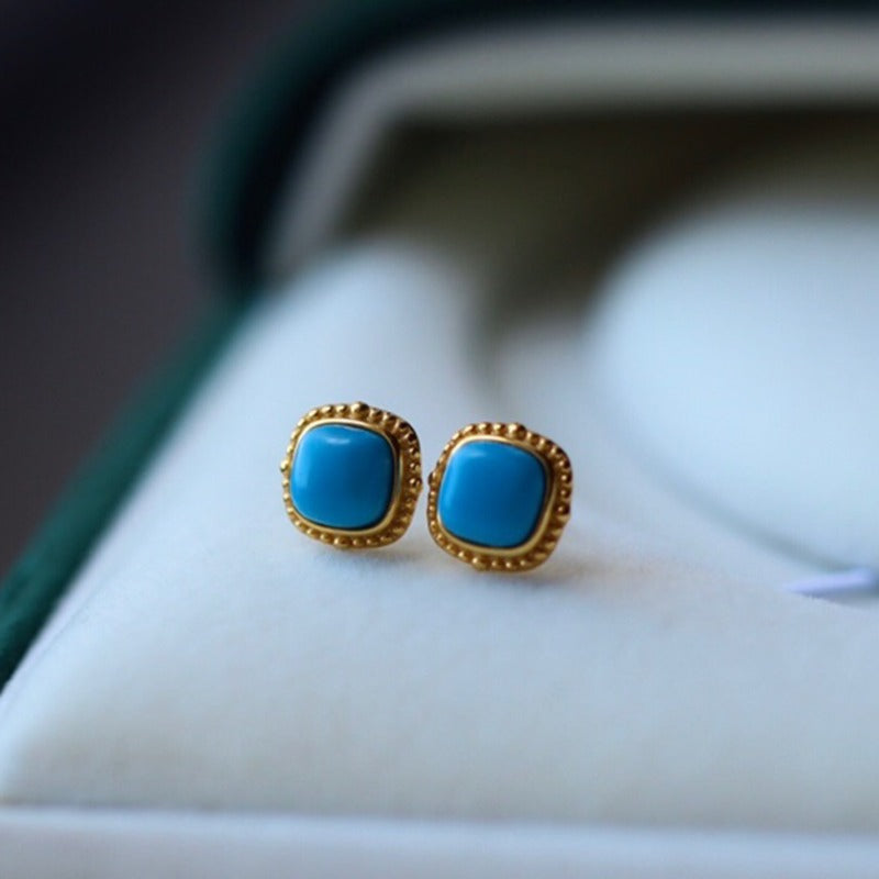 Sheehas Feng Shui Natural Turquoise Sterling Silver 18K Gold Plated Small Square Stud Earrings