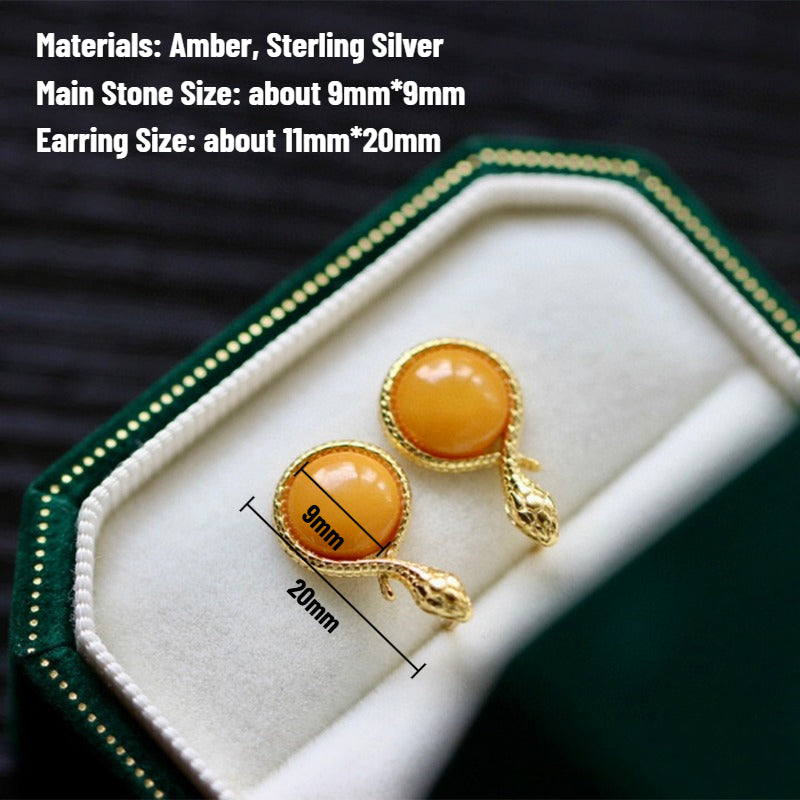 Natural Amber & Sterling Silver Ouroboros Wealth-Eternity Symbol Earrings by Sheehas