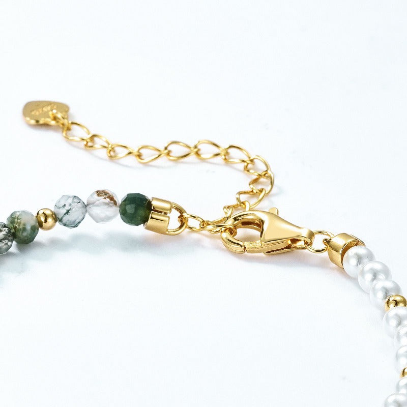 Moss Agate Faceted Beads & White Nacre 10K Gold-Plated Sterling Silver Adjustable Bracelet