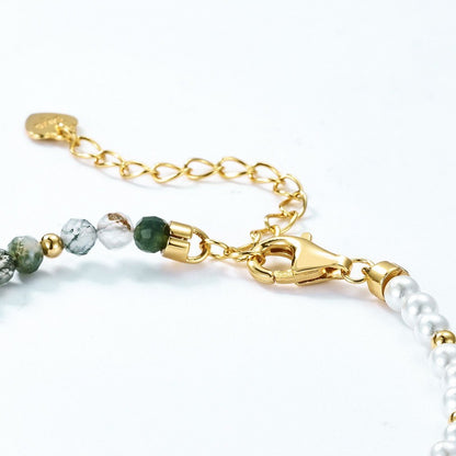 Moss Agate Faceted Beads & White Nacre 10K Gold-Plated Sterling Silver Adjustable Bracelet
