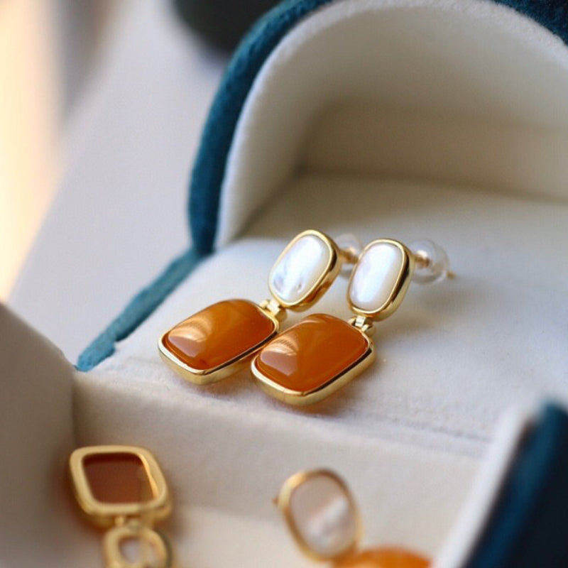 Sheehas Feng Shui Natural Amber & White Nacre Sterling Silver 18K Gold Plated Vintage Square Dangel Earrings