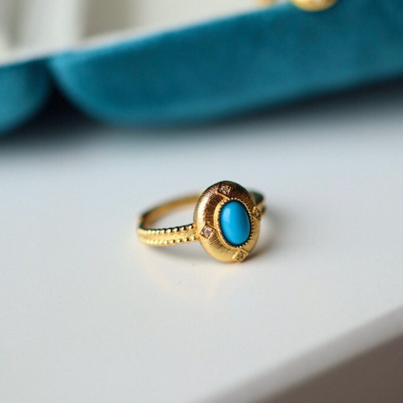 Sheehas Exquisite Natural Turquoise Sterling Silver 18K Gold Plated Adjustable Vintage Court-style Ring