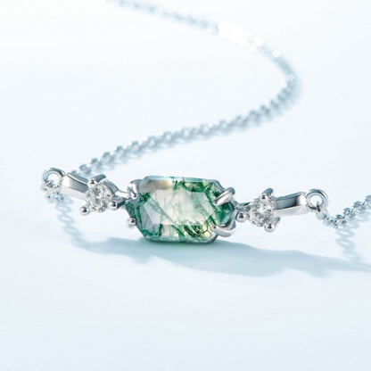 Moss Agate Sterling Silver Hexagon Prong-setting Retro Choker Necklace