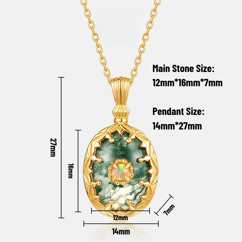 Sheehas Feng Shui Moss Agate Harmony Necklace | Sterling Silver 10K Gold-plated Opal Pendant