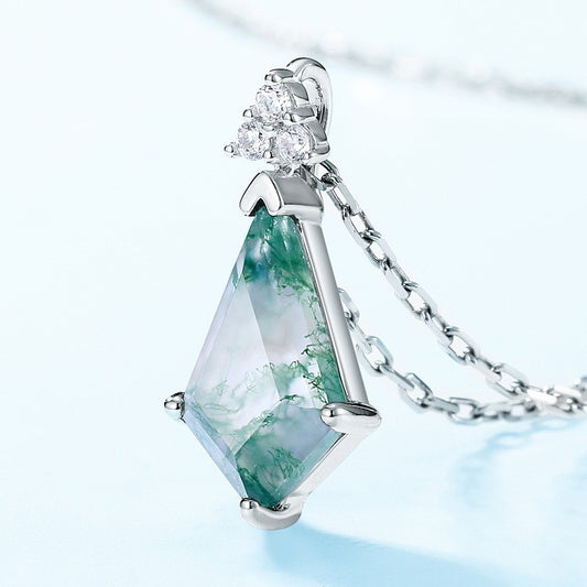 Natural Moss Agate Sterling Silver Prong-Set Rhombus Adjustable Necklace
