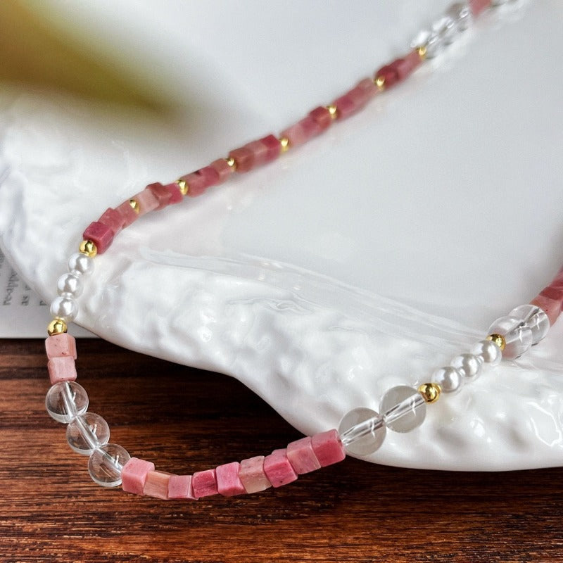 Natural Rhodochrosite, Clear Quartz & Pearl Retro Adjustable Necklace