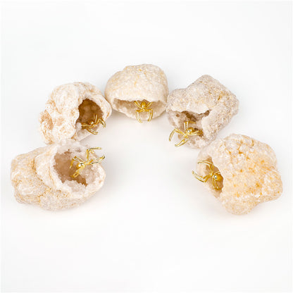 Unique White Agate Geode Embellished with Spider - A Beacon of Abundant Wealth
