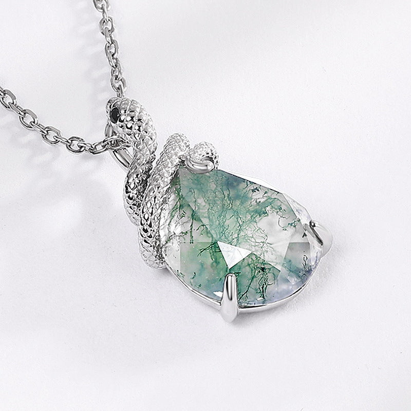 Moss Agate Snake Coiling Sterling Silver Necklace: Vitality & Regeneration