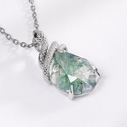 Moss Agate Snake Coiling Sterling Silver Necklace: Vitality & Regeneration
