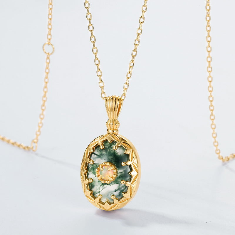 Sheehas Feng Shui Moss Agate Harmony Necklace | Sterling Silver 10K Gold-plated Opal Pendant