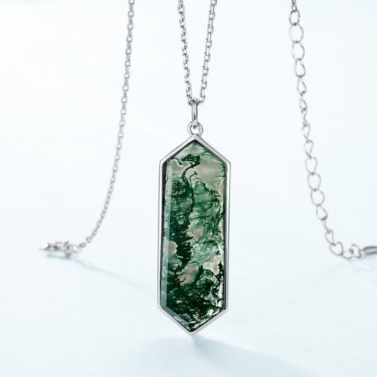 Natural Moss Agate Polygonal Sterling Silver Pendant Necklace