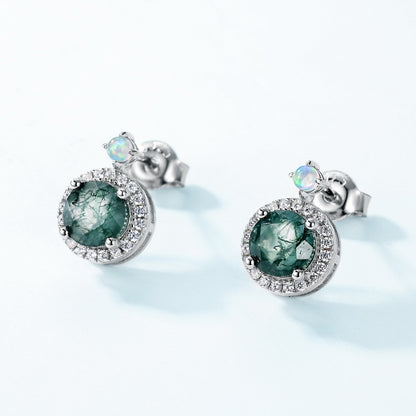 Luxurious Moss Agate Sterling Silver Round-cut and Diamond-surrounded Stud Earrings