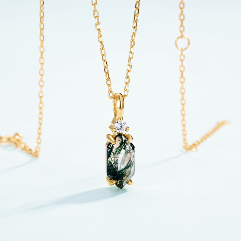 Moss Agate Sterling Silver Hexagon Prong-setting Retro Pendant Necklace (Platinum/Gold Pated)
