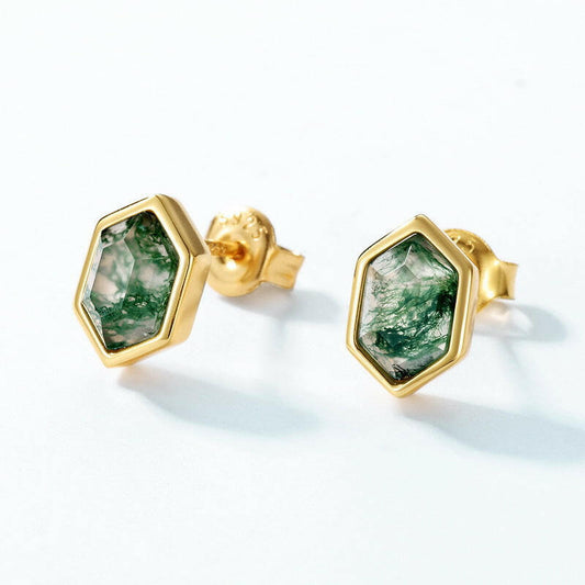 Moss Agate Sterling Silver Stud Earrings with Luxury 10K Gold-Plated Edge