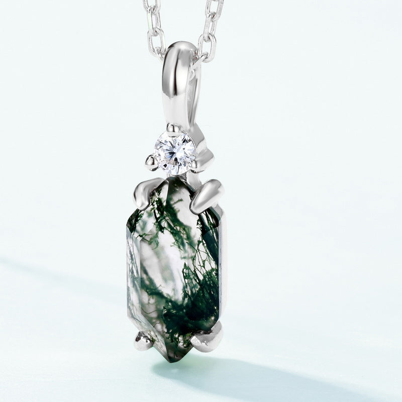 Moss Agate Sterling Silver Hexagon Prong-setting Retro Pendant Necklace (Platinum/Gold Pated)