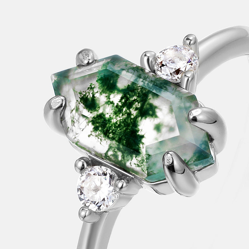 Bague ouverte ajustable en argent sterling et agate mousse, sertie de griffes hexagonales, style rétro (plaqué platine/or)