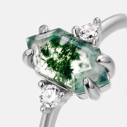 Bague ouverte ajustable en argent sterling et agate mousse, sertie de griffes hexagonales, style rétro (plaqué platine/or)